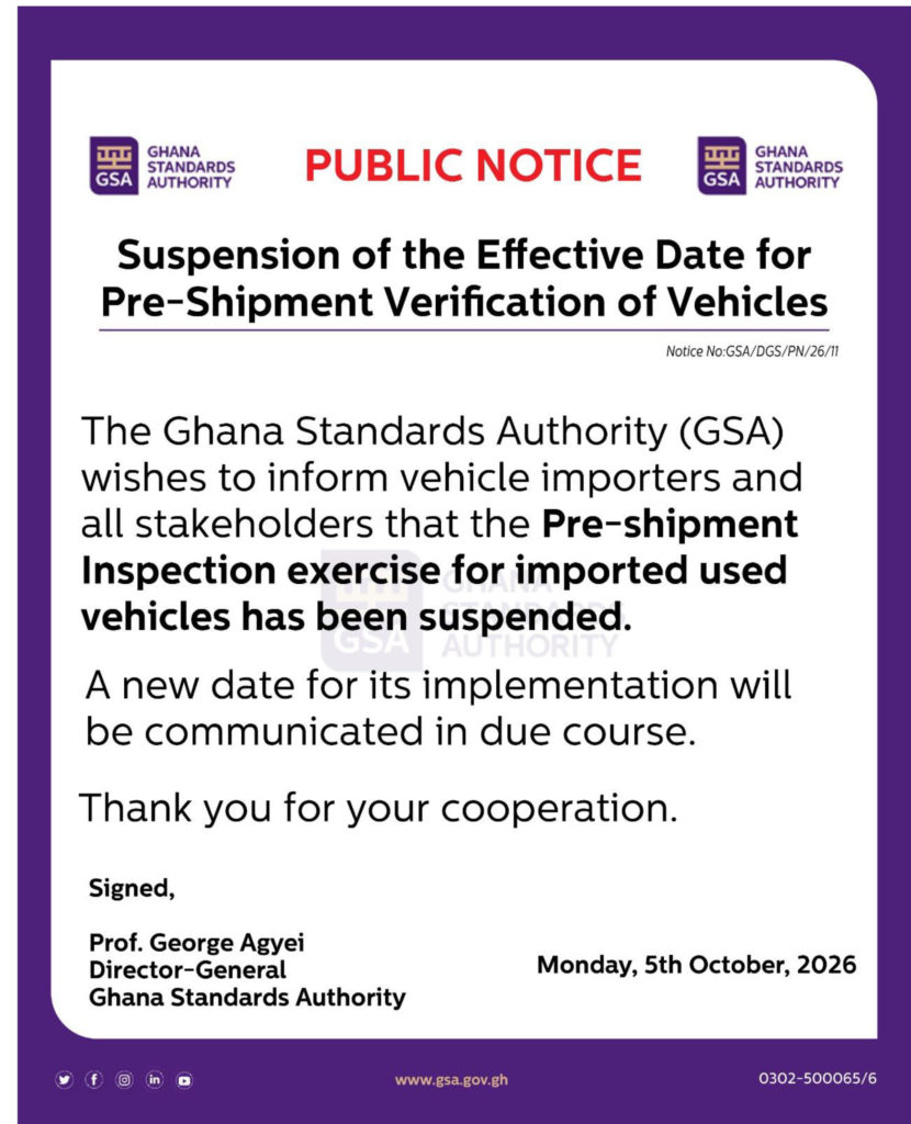Notice of Suspension of Ghana PVoC Implementation